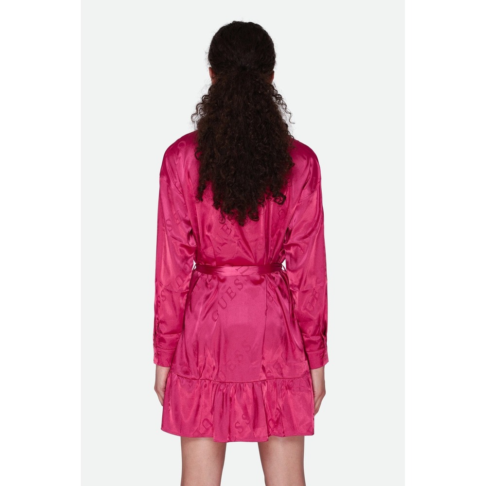 GUESS NWT Hope Dress Shocking Pink Satin Logo Print Belted Ruffle Shirt Dress M - Picture 3 of 14